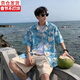 栢啟歆泳衣男泡溫泉冬季休閑襯衫提花短袖花襯衫夏威夷寬松沙灘度假外套 花襯衫-藍色【XL】