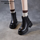 縈妃公主（YINGFEIPRINCESS）品牌靴子英倫短靴女2026秋冬真皮編織復古圓頭粗跟馬丁厚底瘦瘦靴 黑色 37