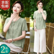 邦帛世媽媽裝套夏裝2025中老年女裝新中式50-60歲時(shí)尚洋氣雪紡小衫t恤 綠色上衣+卡其褲子 3XL 【推薦120-130】