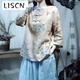 LISCN春夏中國風(fēng)棉麻襯衫女五分袖中式復古盤(pán)扣上衣文藝苧麻女裝中袖 杏色 L
