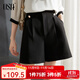 歐莎（OSA）【花苞褲】白色高腰直筒外穿西裝短褲女夏季休閑五分闊腿褲薄 黑色 L