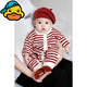 G.duck嬰兒秋冬連體衣針織喜慶寶寶秋裝衣服超萌可愛(ài)嬰幼兒秋季外出哈衣 紅白條紋爬服【單層】+貝雷帽 73cm （建議14-17斤)