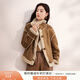香影麂皮絨短外套女2025冬季新款立領(lǐng)拼接寬松休閑復古高級感上衣 焦糖色 S