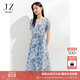 玖姿·安娜蔻氣質(zhì)輕熟風(fēng)V領(lǐng)碎花連衣裙女海邊中長(cháng)款顯瘦印花裙子夏短袖茶歇裙 花天藍 S