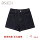 BSIEE2025年夏季新款高腰百搭彈力線(xiàn)條闊腿牛仔短褲 藏青色 S