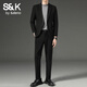 班尼路S&K系列男士韓版修身西服外套新郎結婚禮服商務(wù)正裝休閑小西裝男 黑色【外套+褲子】 XL 【建議125-140斤】