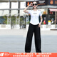 貝茲曼夏季新款廣場(chǎng)舞服裝運動(dòng)套裝女鬼步舞服裝棉短袖闊腿褲休閑套裝 白衣黑褲 3XL (128斤-138斤)