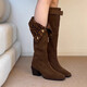 百麗踏時(shí)髦個(gè)性小眾騎士靴女2025新款兩穿皮帶扣豹紋絨面方頭粗跟長(cháng)筒靴 咖啡餓 38 (240mm) 【標準尺碼】