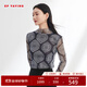 EP雅瑩女裝 彈力網(wǎng)眼民族印花半高領(lǐng)打底上衣 商場(chǎng)同款5511A 藏青 L