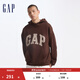 GAP男女裝碳素軟磨抓絨格紋logo連帽衛衣上衣609221 棕色 170/92A(M)亞洲尺碼
