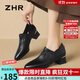 ZHR頭層牛皮單鞋女時(shí)尚復古樂(lè )福鞋粗跟通勤女鞋尖頭小皮鞋JE10黑色36