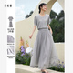 梵希蔓溫柔百搭套裝裙夏季新款蕾絲拼接上衣網(wǎng)紗長(cháng)裙套裝 淺灰色   L   