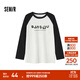 森馬長(cháng)袖T恤女中長(cháng)款印花插肩袖拼色春裝趣味寬松圖案打底衫小眾 白黑色調00319 M