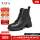 他她（TATA）加絨休閑粗跟馬丁靴女靴黑色通勤系帶短靴冬新款7BU55DD4 黑色 36