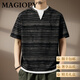 MAGIOPY奢侈高端品牌短袖T恤男士條紋設計感提花破洞寬松大碼假兩件上衣 黑色 L 適合130-150斤