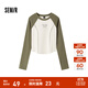 森馬（Semir）長(cháng)袖T恤女短款緊身撞色插肩袖明線(xiàn)顯瘦冬季印花圓領(lǐng)上衣復古 白綠色調00314 M
