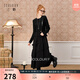 三彩獨醒2025冬季新款拼接小黑裙荷葉邊收腰A字裙長(cháng)裙F 經(jīng)典黑 XL 170/92A