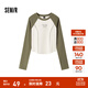 森馬（Semir）長(cháng)袖T恤女短款緊身撞色插肩袖明線(xiàn)顯瘦冬季印花圓領(lǐng)上衣復古 白綠色調00314 M
