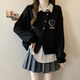Rindu假兩件衛衣女秋冬條紋襯衫拼接假兩件衛衣女款春秋大碼胖mm長(cháng)袖歐 黑色【今年流行漂亮/超洋氣歐貨小衫/插肩袖/設計感 M 【建議80-100斤】