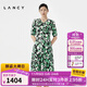 朗姿/LANCY夏季新款真絲V領(lǐng)印花連衣裙收腰顯瘦復(fù)古氣質(zhì)裙子 黑色 L