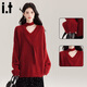 :CHOCOOLATE it女裝新年戰袍紅色打底衫圓領(lǐng)毛衣女秋冬寬松慵懶風(fēng)針織衫上衣 v領(lǐng)紅色 均碼