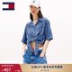 TOMMY JEANS25春夏新款女萊賽爾美式學(xué)院風(fēng)系結(jié)古巴領(lǐng)寬松牛仔短袖襯衫 牛仔藍(lán)1A4 M