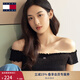 TOMMY JEANS25春夏新款女裝復古甜美性感一字肩褶皺辣妹短款短袖上衣T恤 黑色BDS L