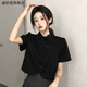 盛妙慈新中式改良版旗袍短款上衣夏季女裝2023年新款不規則法式短袖襯衫 黑色 M_[建議90-100]