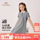 英氏（YEEHOO）女童裙子兒童衣服夏季時(shí)尚淑女學(xué)院風(fēng)連衣裙夏季新款翻領(lǐng)中大童裝 城市假日淺花灰 165