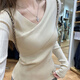 傲甜毛衣女純欲風(fēng)不規則交叉v領(lǐng)長(cháng)袖針織打底衫女秋冬季內搭修身坑條 杏色 M 【建議90-100斤】