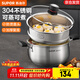 蘇泊爾（SUPOR）湯鍋304不銹鋼鍋紅圈煲湯鍋雙耳燉鍋復底煮鍋煮面鍋燃氣磁爐通用 3-5人用 ST24H1+蒸格 內徑 24cm