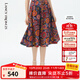 朗姿純棉復古假日風(fēng)半身裙子女夏新款印花高腰A字百褶群商場(chǎng)同款 夜幕黑色 M