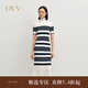 OVV秋冬熱賣(mài)女裝經(jīng)典橫條紋高領(lǐng)長(cháng)袖羊毛針織連衣裙 藏青條紋 XL