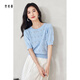 梵希蔓法式鏤空套頭短袖針織衫女夏季新款提花泡泡袖圓領(lǐng)上衣 水藍色 L