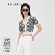 MO&Co.夏棋盤(pán)格小香風(fēng)開(kāi)衫上衣短袖V領(lǐng)截短輕薄針織衫女 黑白格色 S 160