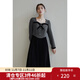 獨束大碼女裝法式優(yōu)雅撞色連衣裙冬新款復古方領(lǐng)微胖mm中長(cháng)款裙子 灰黑色 M