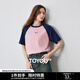 初語(yǔ)純棉抗菌寬松T恤女2025夏季新款撞色插肩袖字母印花上衣 寶藍-粉色-SMILE M