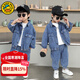 G.duck童裝男童套裝春秋季新款兒童春秋裝休閑男孩牛仔外套褲子兩件套潮 淺藍色 90 適合身高80-90年齡1-2歲左右