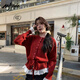 MJ STYLE假兩件蕾絲針織紅色毛衣女2026秋冬馬年收腰小個(gè)子短開(kāi)衫外套上衣