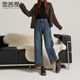 雪茜曼翻邊直筒加絨牛仔褲女冬季新款設計感高腰顯瘦百搭小個(gè)子九分褲