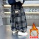 迷野仙蹤男童加絨褲子一體絨2025新款冬季寶寶哈倫褲兒童燈籠褲格子秋冬裝 藏青 120