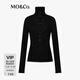 MO&Co.針織衫可機洗綿羊毛半開(kāi)襟高領(lǐng)爛邊軟糯彈力豎條紋修身防縮 黑色 M /165