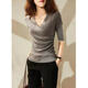 羅蒙新款早春裹式V領(lǐng)修身針織衫女打底衫內搭新款氣質(zhì)顯瘦女裝毛衣女 灰色七分袖 均碼