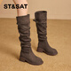 星期六不過(guò)膝厚底長(cháng)筒靴女2025新款秋季西部牛仔靴堆堆靴高筒顯瘦騎士靴