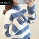 NY-RCE毛衣女2025冬季新款高品質(zhì)高領(lǐng)加厚寬松款秋冬短款潮流百搭針織衫 條紋藍半高領(lǐng) (保暖)  加厚 均碼