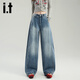izzue it個(gè)性時(shí)尚設計磨白女式牛仔褲春季潮流舒適寬松高腰顯瘦闊腿褲