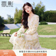 香影碎花v領(lǐng)連衣裙女2025秋季新款燙金黃色花朵氣質(zhì)法式雪紡裙子 黃色 S