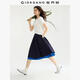 佐丹奴設計師款半身裙女新款撞色拼接下擺百褶裙薄款傘裙18465903 06藏青+電光藍 S