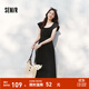 森馬（Semir）連衣裙女鏤空收腰小心機2025夏新款小飛袖一字肩中長(cháng)裙小性感 黑色90001 XS