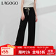 LAGOGO拉谷谷多色寬松闊腿褲女2024春新款拖地褲子軟糯垂感休閑褲 黑色(W1) S